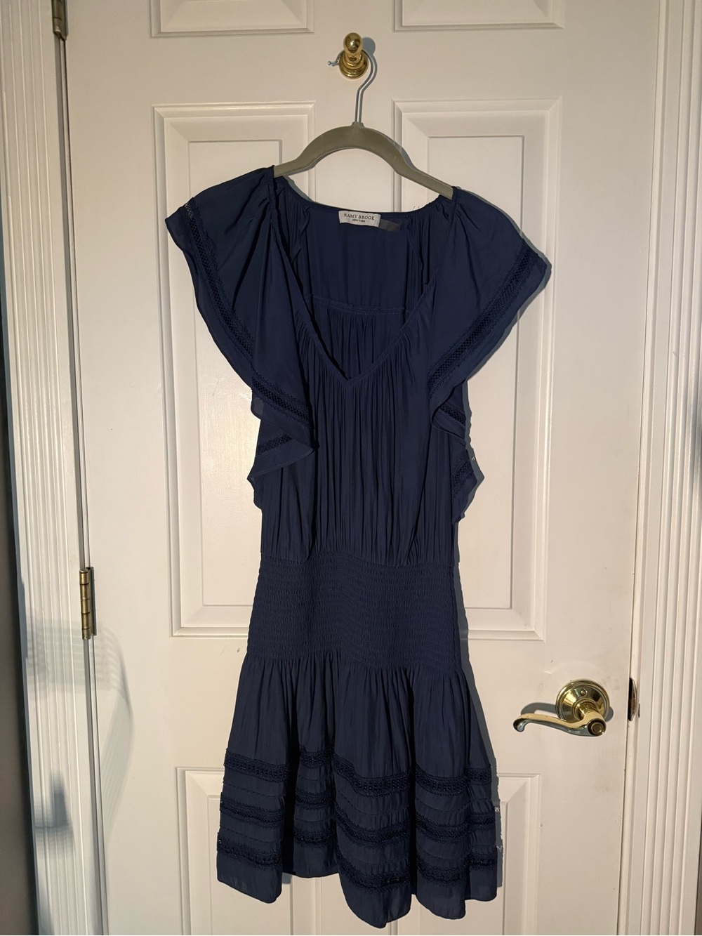 Ramy Brook Navy Lace-Trim Smocked-Waist Minidress
